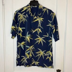 Tommy Bahama Mens Medium Silk Bamboo Print Short Sleeve Camp Shirt Navy Blue
